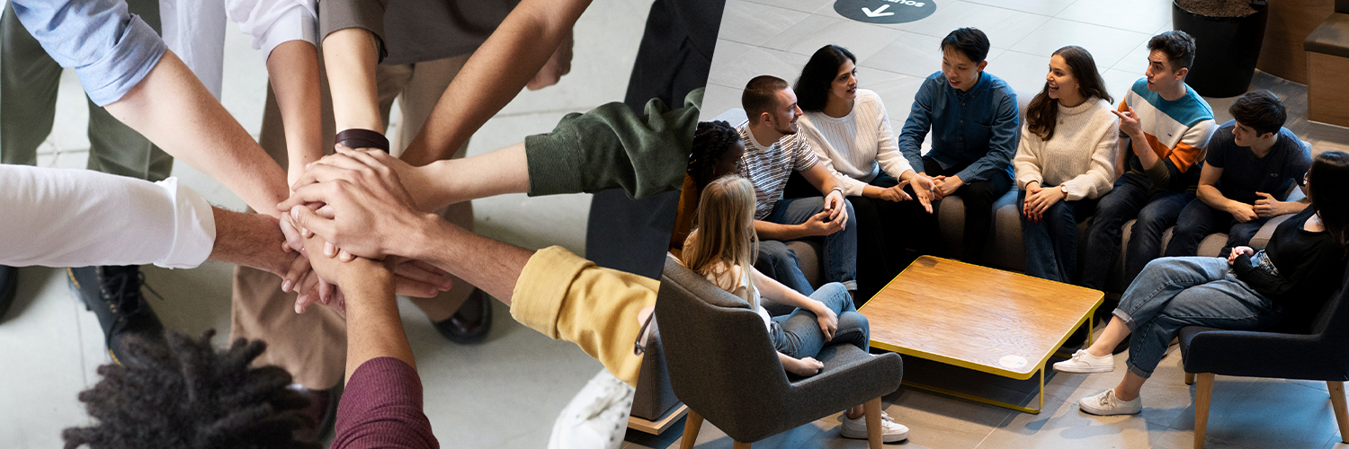 A diverse group of people in a circle putting their hands together next to a diverse group of people sitting together and chatting on sofas